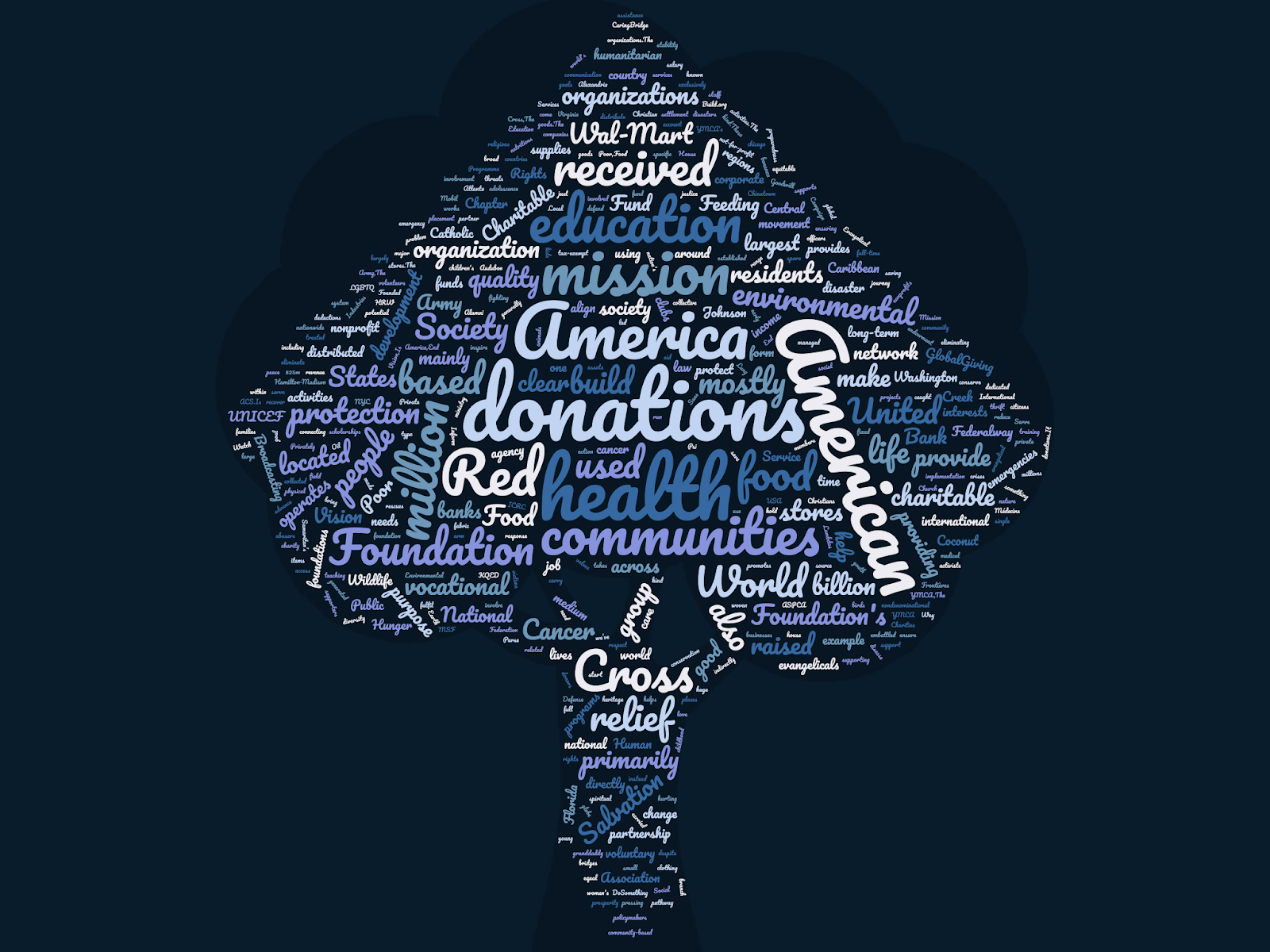 Word Cloud of LFE Foundation in shape of a tree